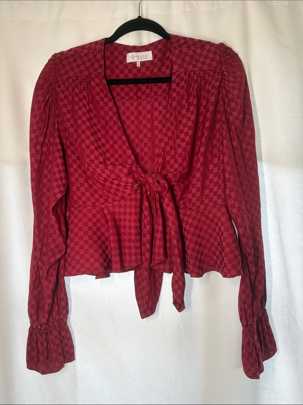Wayf Burgundy Tie-Front Checker Blouse